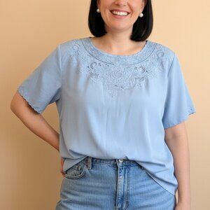 VTG 50s Chinese 100% Silk Blouse Sz 40 Rare Hand Embroidered Cutwork Baby Blue